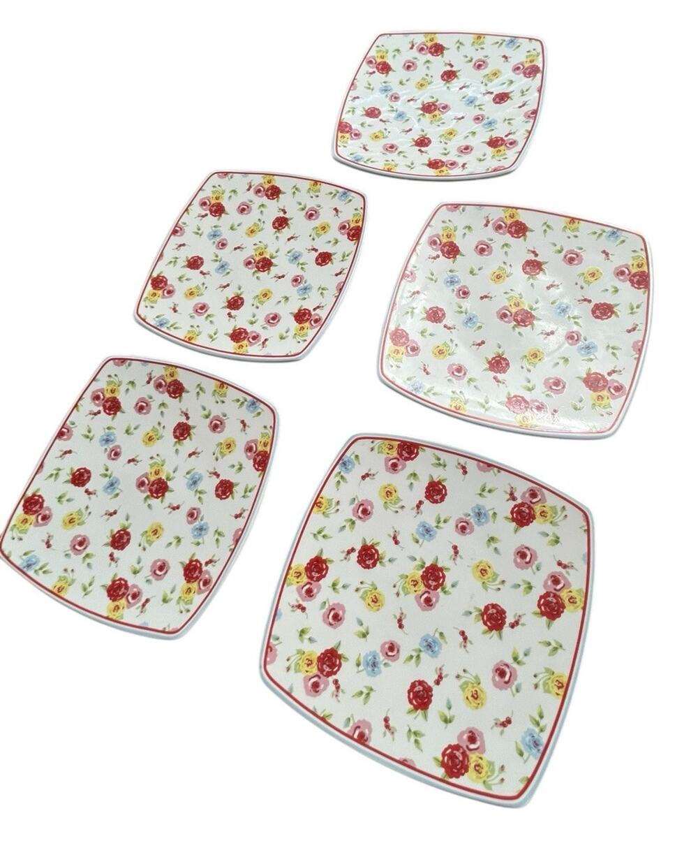222 Fifth NEW COUNTRY Shabby Chic Cottagecore Square Appetizer Plates Set of 5
